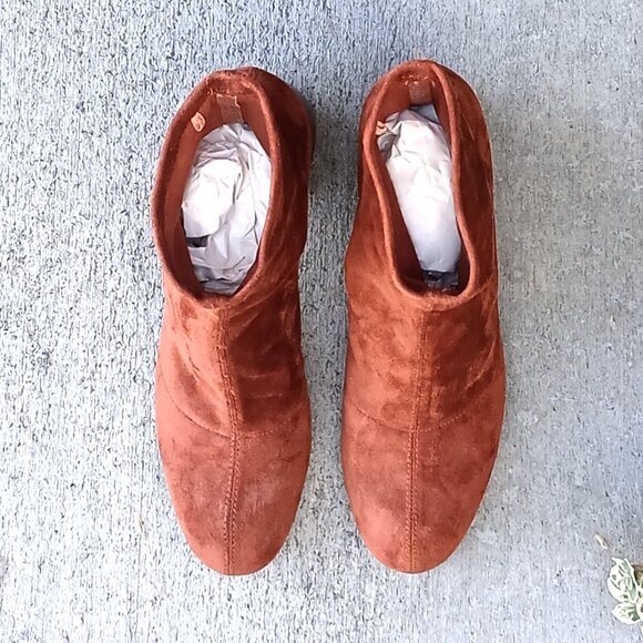 Bershka Burnt Orange Brown Faux Suede Fabric Sock Pull-On Sculpted Heel Booties - Picture 5 of 13